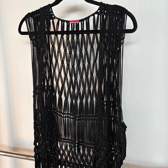 Festival Beach Crochet Black Coverup Western Boho Long Fringe Knot Open Knit Top - Picture 8 of 8